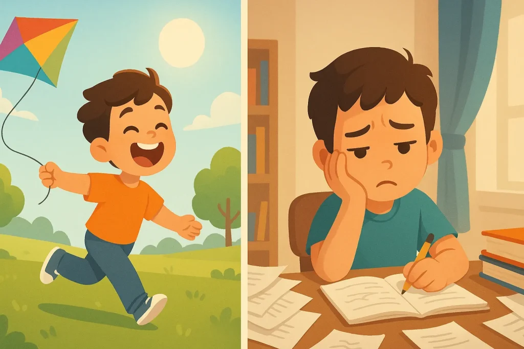 Comparison of a lively child playing and a child struggling to focus on homework.