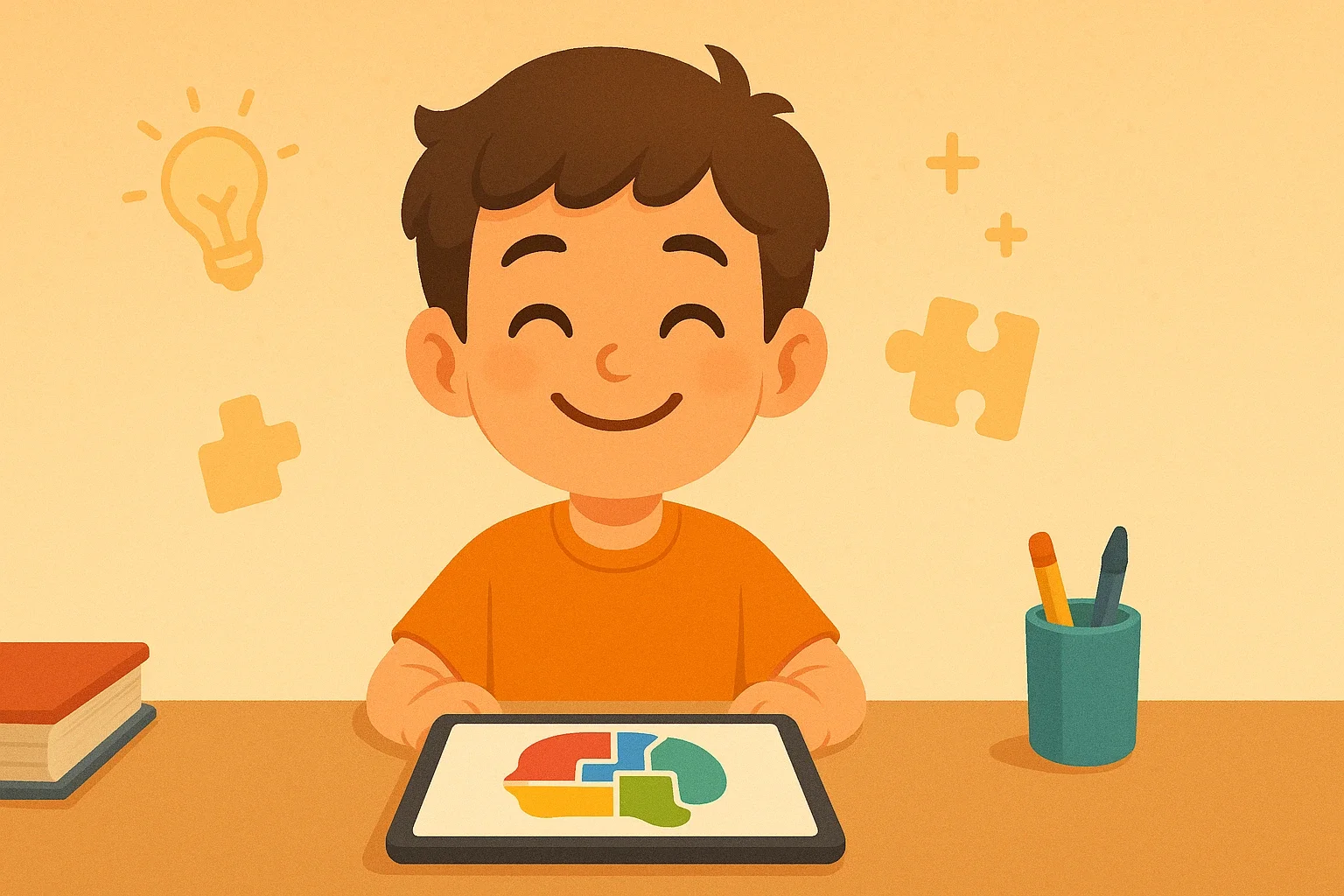 A child smiles after completing a task on a tablet.