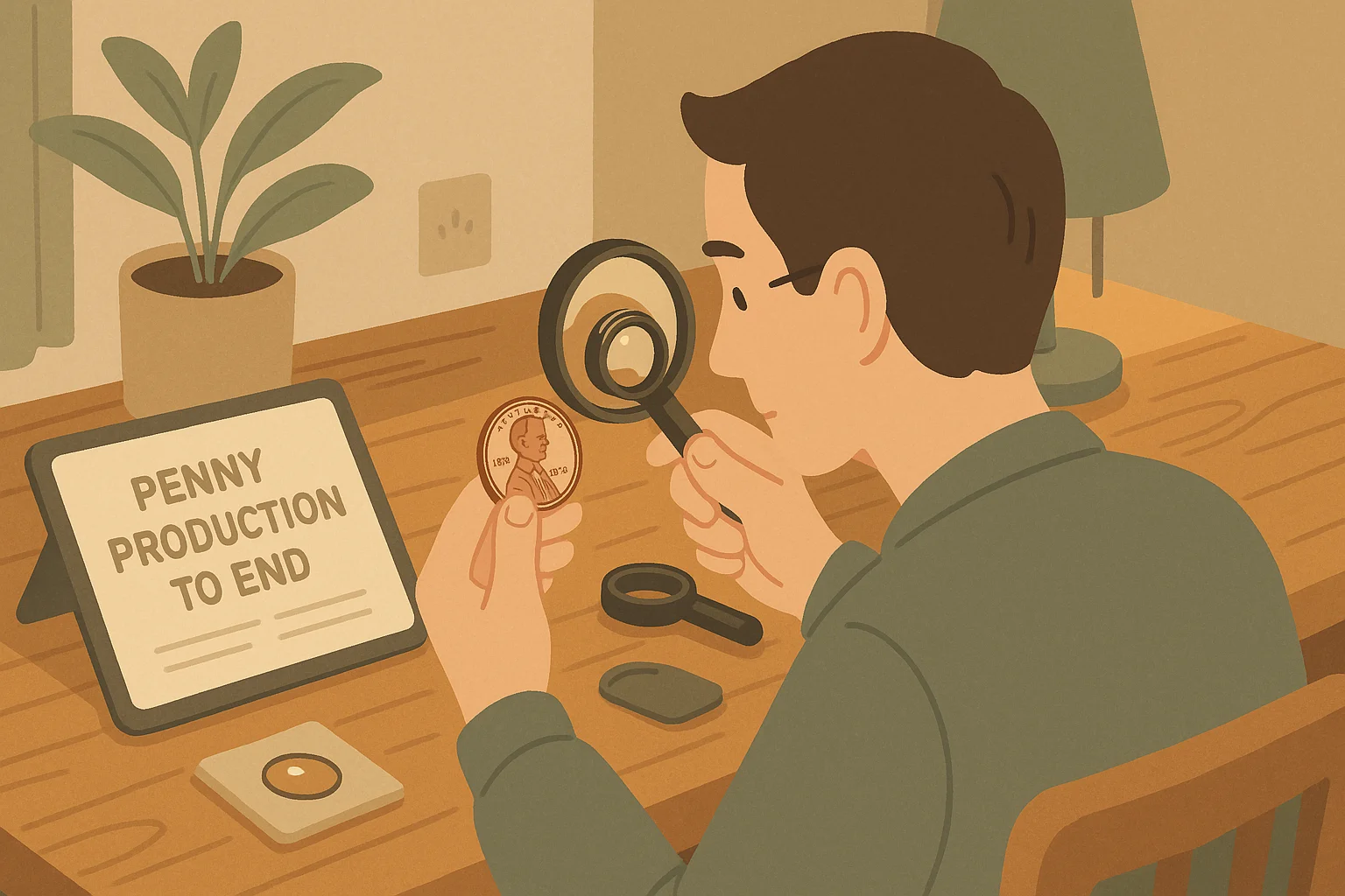 A collector explores a penny while reading about the end of penny production.
