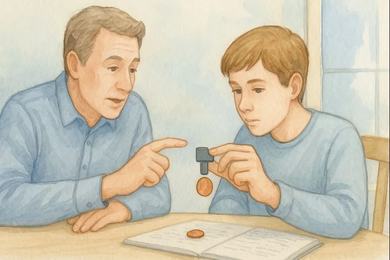 A parent and a teenager experiment with coins and a magnet.