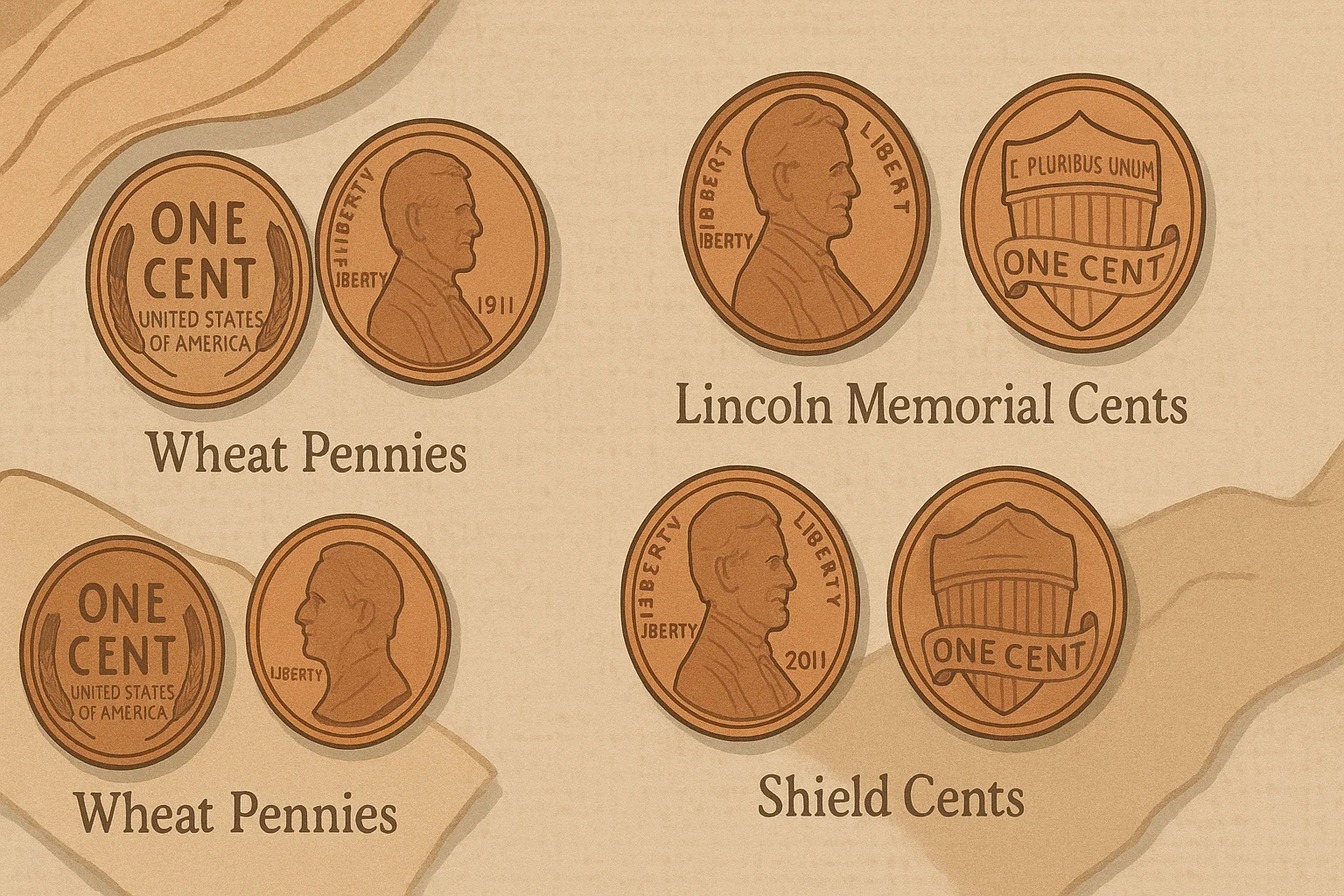 A collage of pennies produced in different periods.