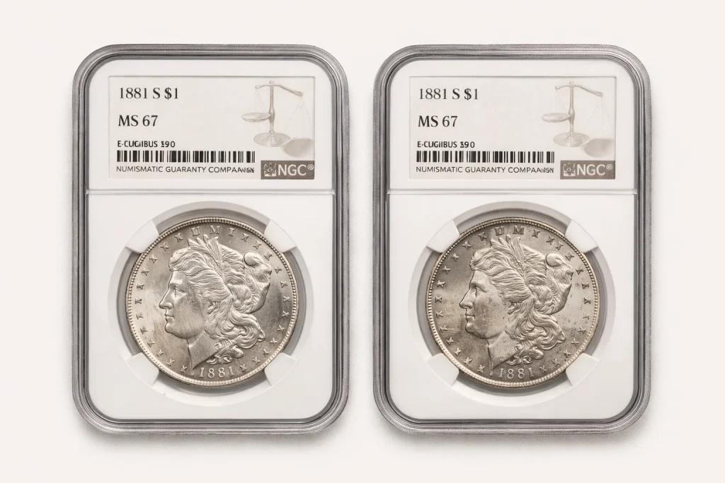 Two slabbed 1881-S Morgan dollars graded MS67 side by side, showing stronger and weaker eye appeal within the same grade.