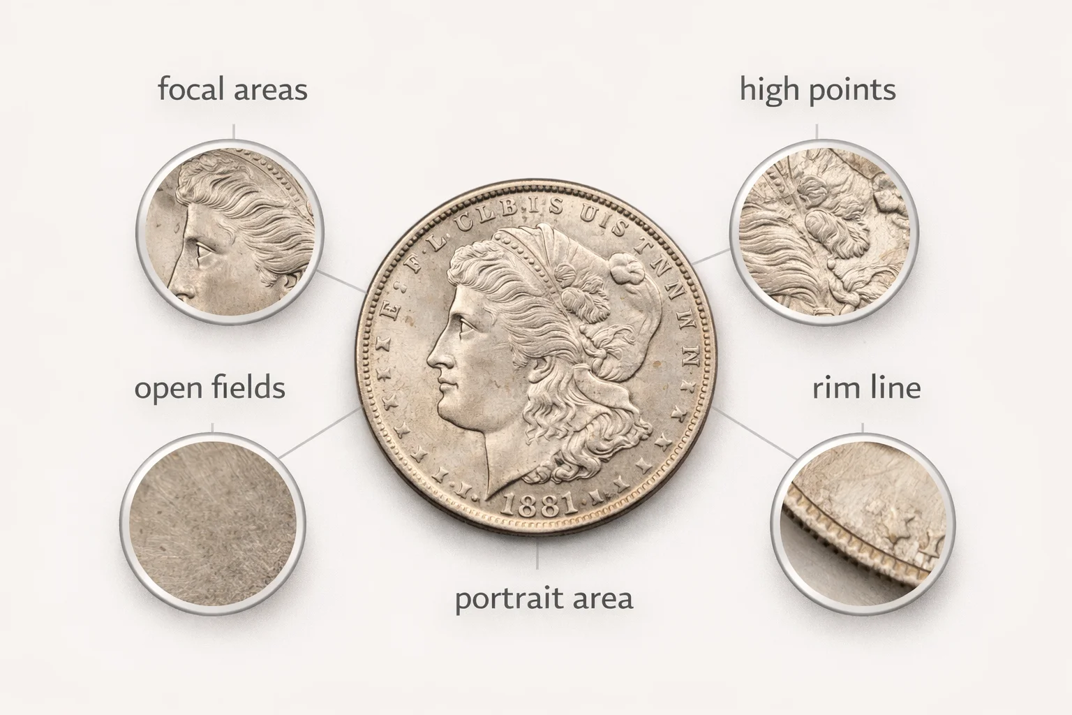 Infographic showing a Morgan dollar with labeled surface-check zones: focal areas, open fields, high points, rim line, and portrait area.